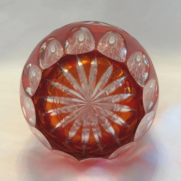 Vintage Mid Century Cut Crystal Vase Bohemian Orange & Red Art Glass - Picture 2 of 4